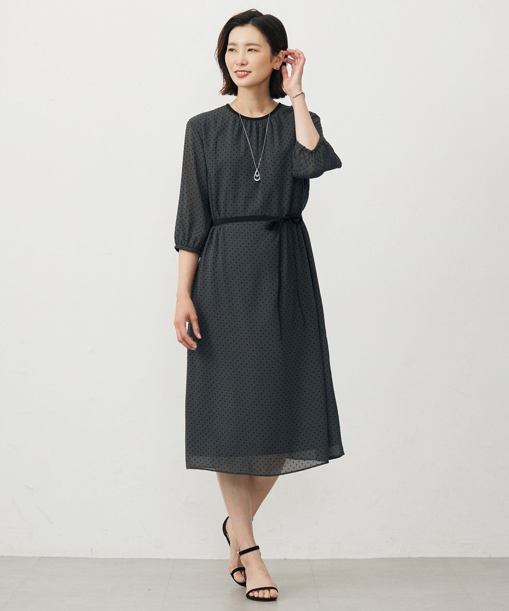 J.PRESS LADIES L 【洗える】ドットフロッキープリント ワンピース 