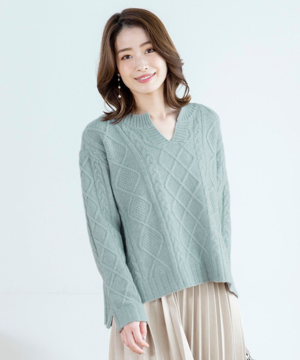 Tiaclasse 【洗える】アラン柄キーネックニットトップス 