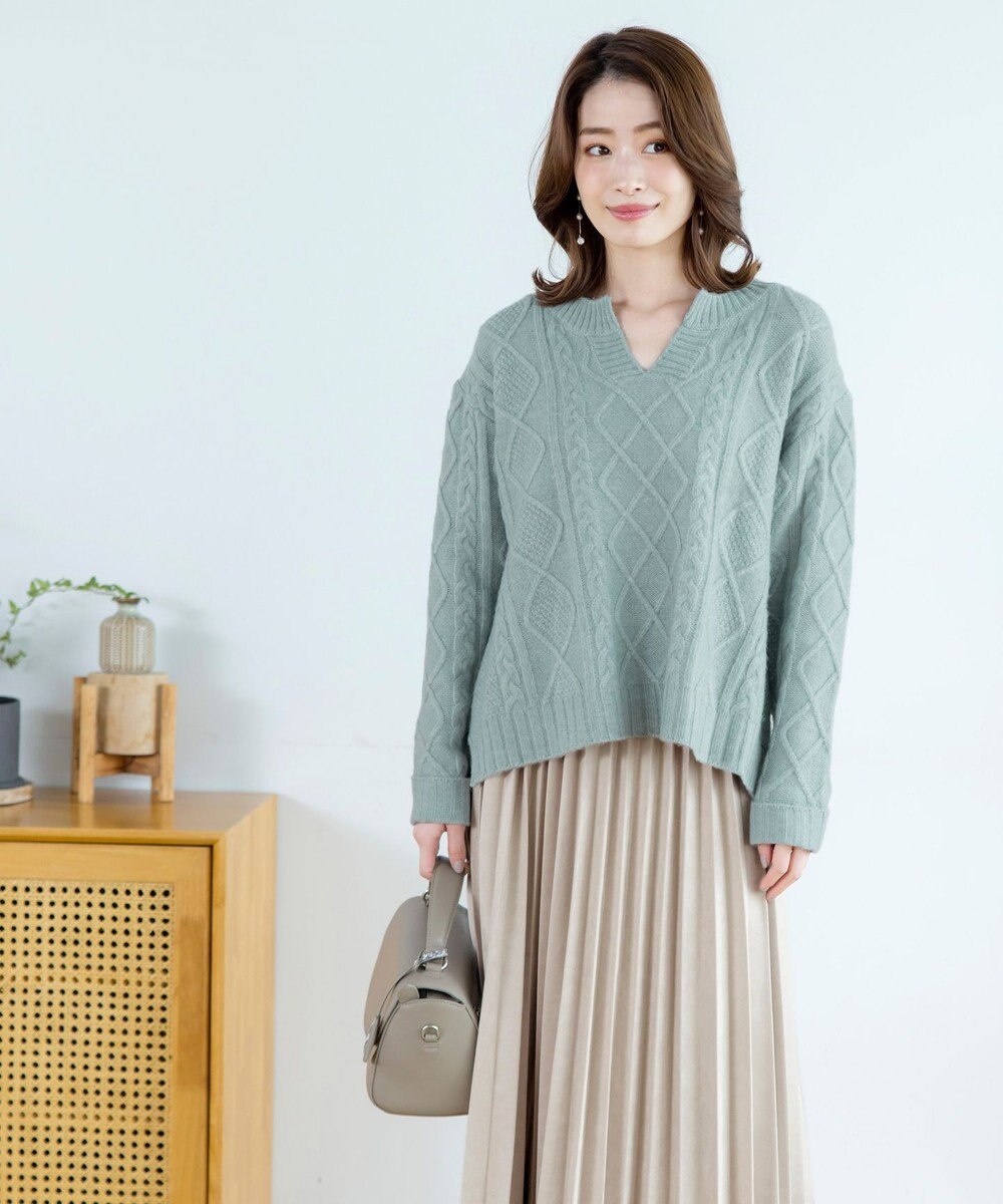 Tiaclasse 【洗える】アラン柄キーネックニットトップス 