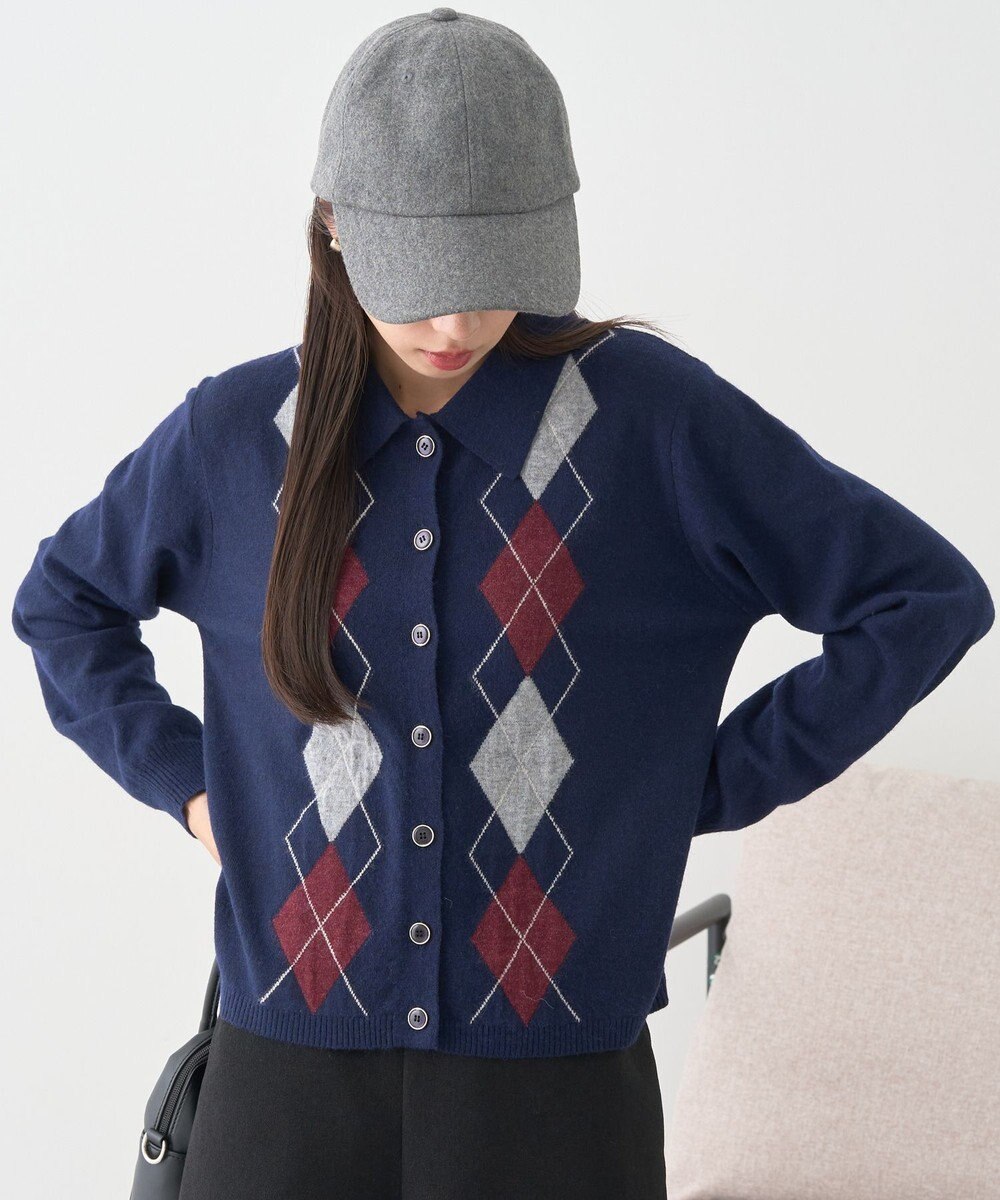 earth music&ecology 【予約】襟付きアーガイルニットカーディガン 