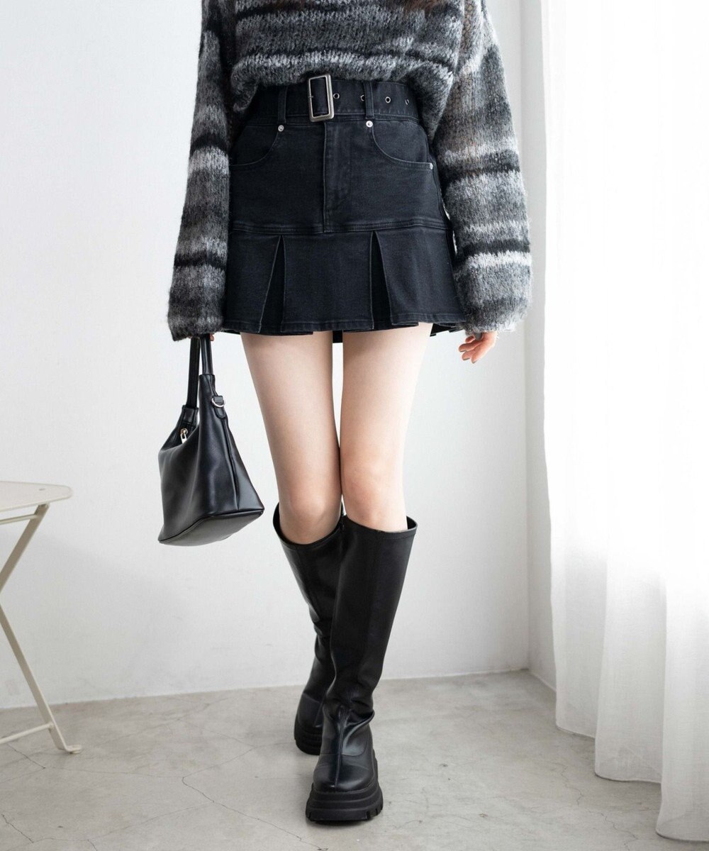 WEGO ベルト付デニムプリーツスカパン 