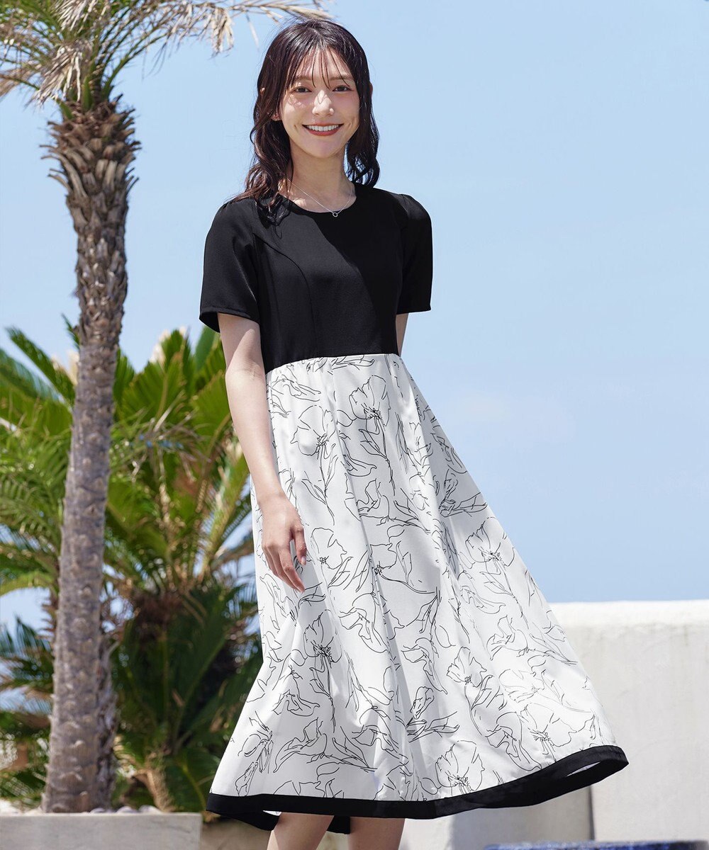 Tiaclasse 【小倉優子さん着用・新色追加・洗える】モノトーンフラワープリントワンピース 