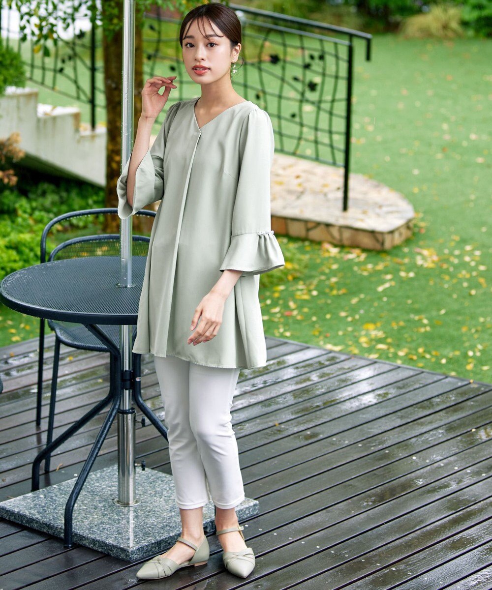 Tiaclasse 【洗える】タックフレアパール付き袖チュニックブラウス 