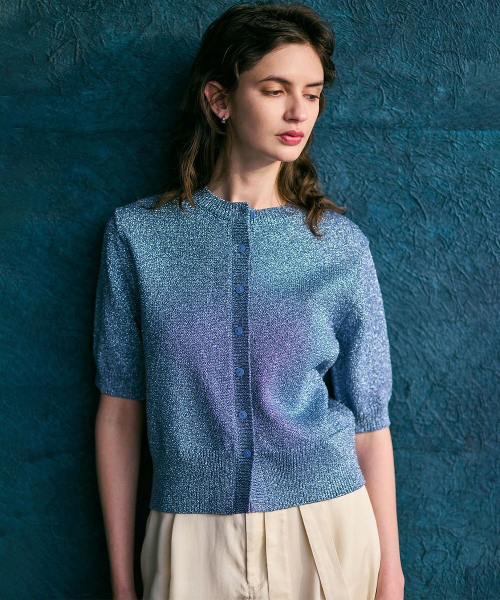 BEIGE， 【洗える】VANDA / ラメ入りクルーネック半袖カーディガン 