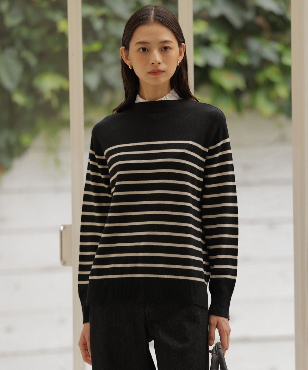 J.PRESS LADIES S 【洗える】SOFT TOUCH WOOL 立ち襟 ボーダー ニット ブラック×ベージュ系