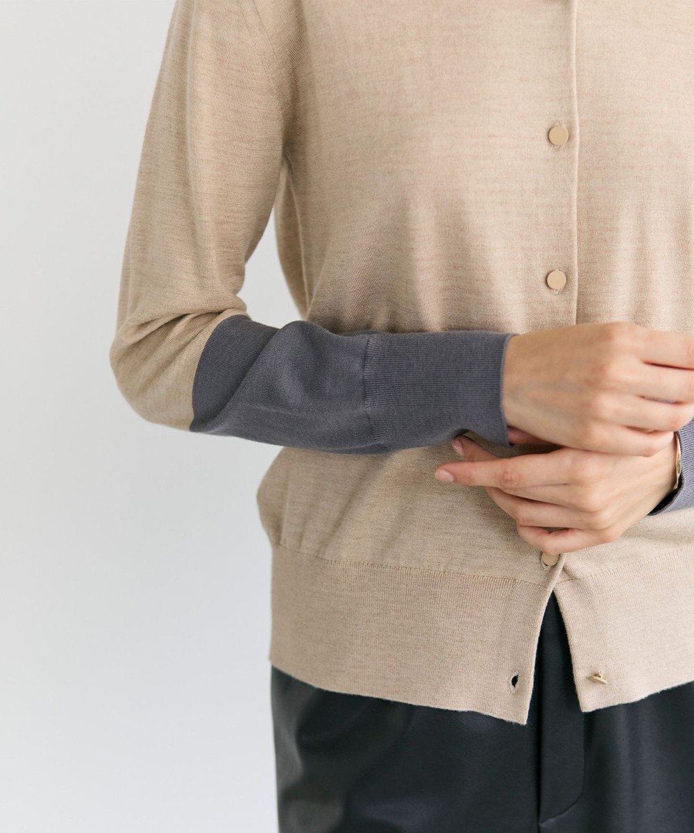 BEIGE， CHLOR / ウールシルク配色クルーネックカーディガン 