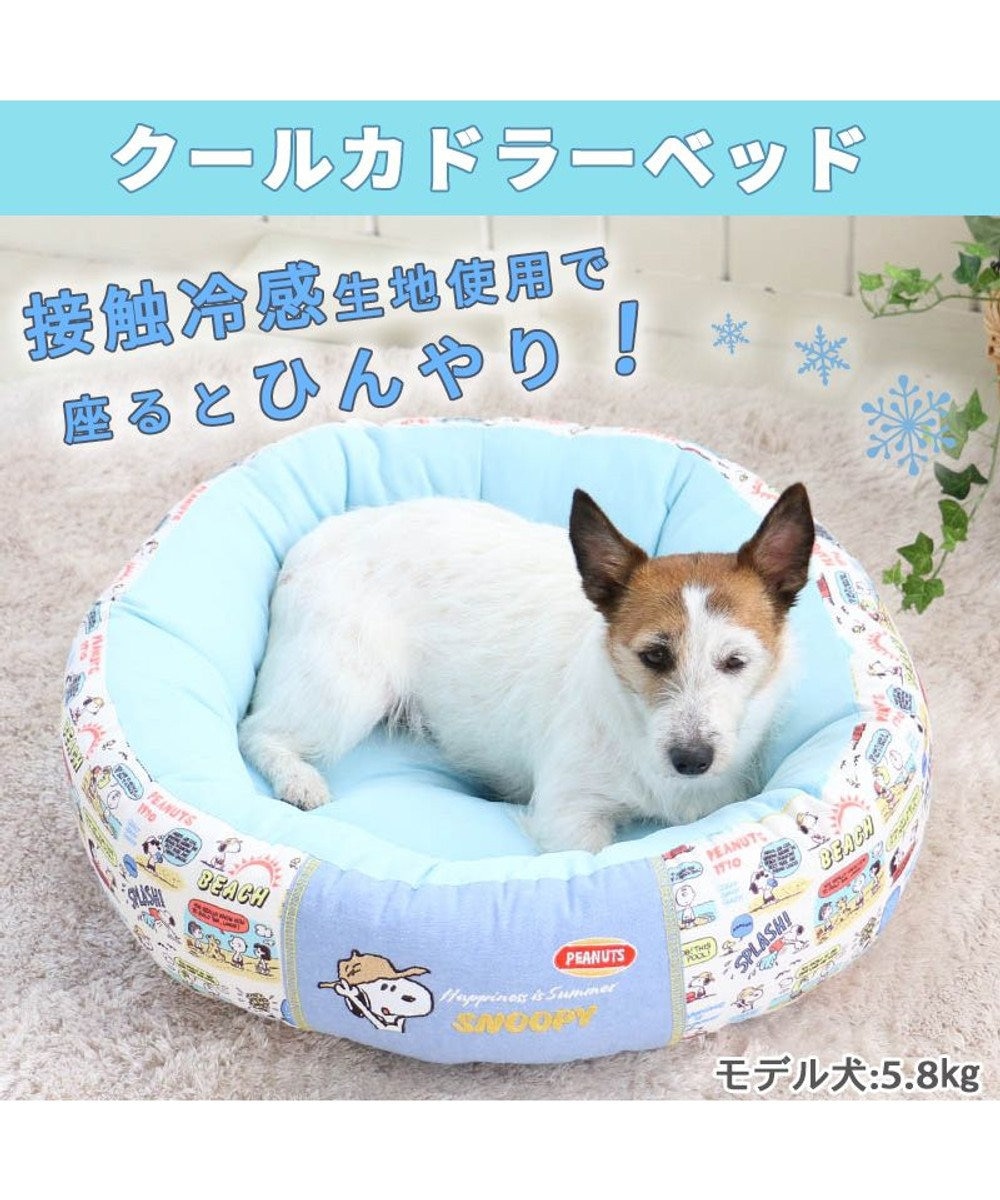 犬 ベッド ひんやり 春夏 接触冷感 クール スヌーピー カドラー ベッド （55cm） 丸型 ハッピーサマー ひんやり 涼感 冷却 クール 洗える  犬 猫 ペットベット ハウス 小型犬 介護夏クッション キャラクター, 水色, Ｐ／5ｋ