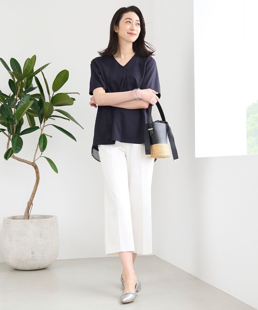 自由区 【洗える・XSサイズあり】シアーコンビバックプリーツ カットソー 