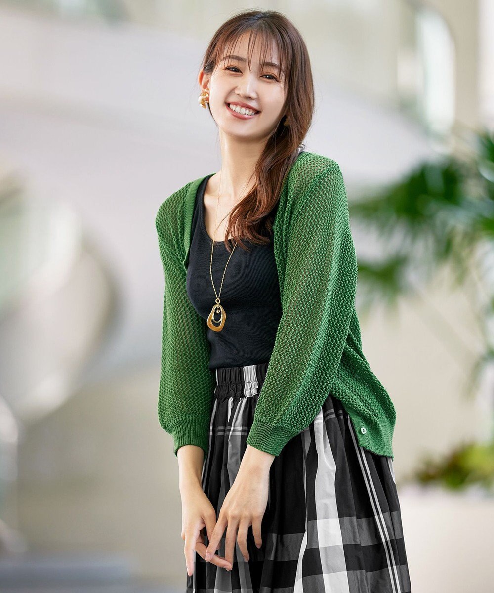 Tiaclasse L 【新色追加・洗える】パフスリーブ透かし編みニットカーディガン 