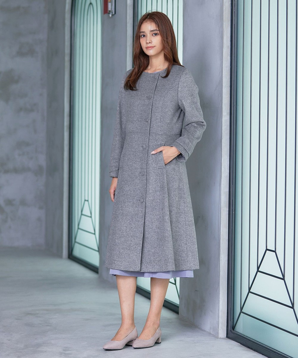 Tiaclasse L 【ウール95%】ノーカラー包みボタンAラインコート 