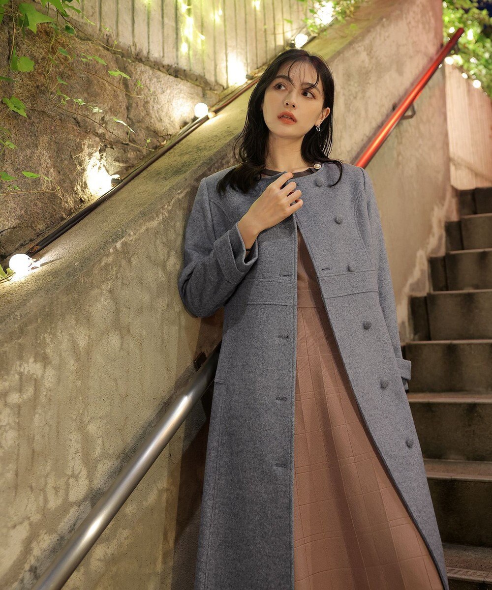 Tiaclasse 【ウール95%】ノーカラー包みボタンAラインコート 