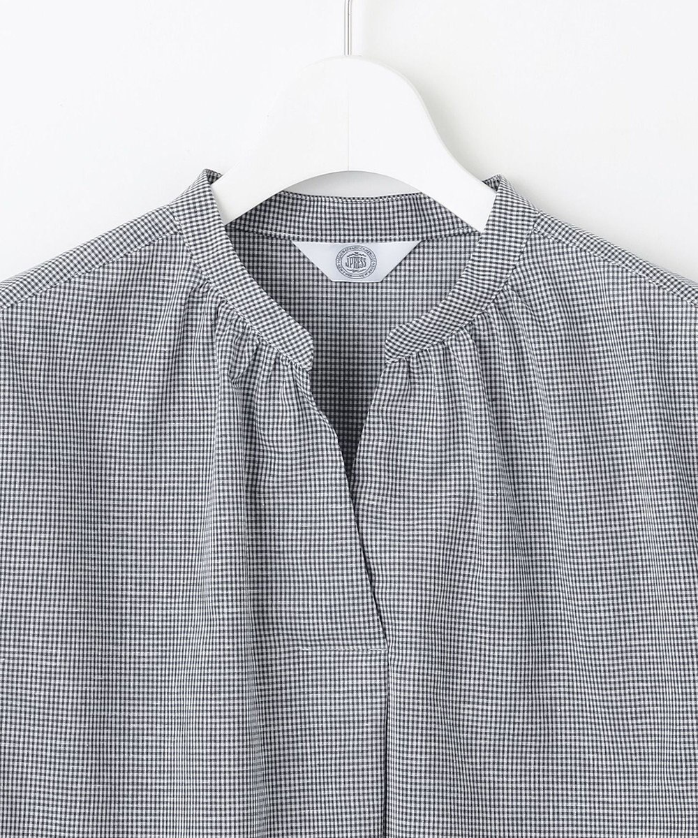 J.PRESS LADIES 【洗える】リネンminiチェック バンドカラー プルオーバー ブラウス 