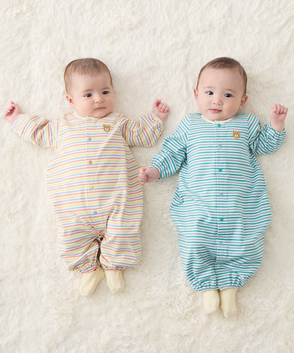 MIKI HOUSE HOT BISCUITS 【50-60cm】 みじんボーダー ワンポイント刺繍 ツーウェイオール 