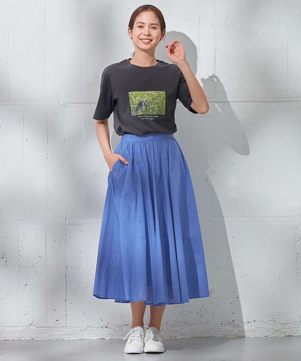 ANY 【ウエストゴム/ポケット付】シャンブレーライク フレアスカート 