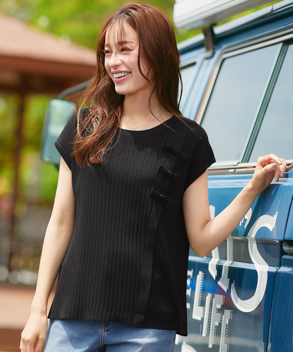 Tiaclasse 【洗える】ナナメ切替リボンニットトップス 