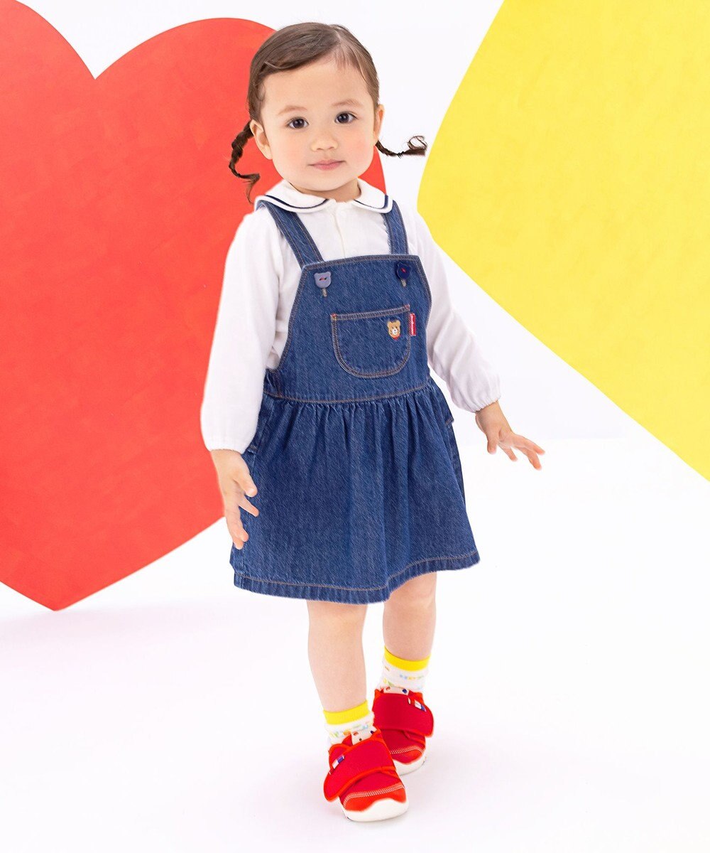 MIKI HOUSE HOT BISCUITS 【70-110cm】ワンポイント 6オンスデニム ジャンパースカート 