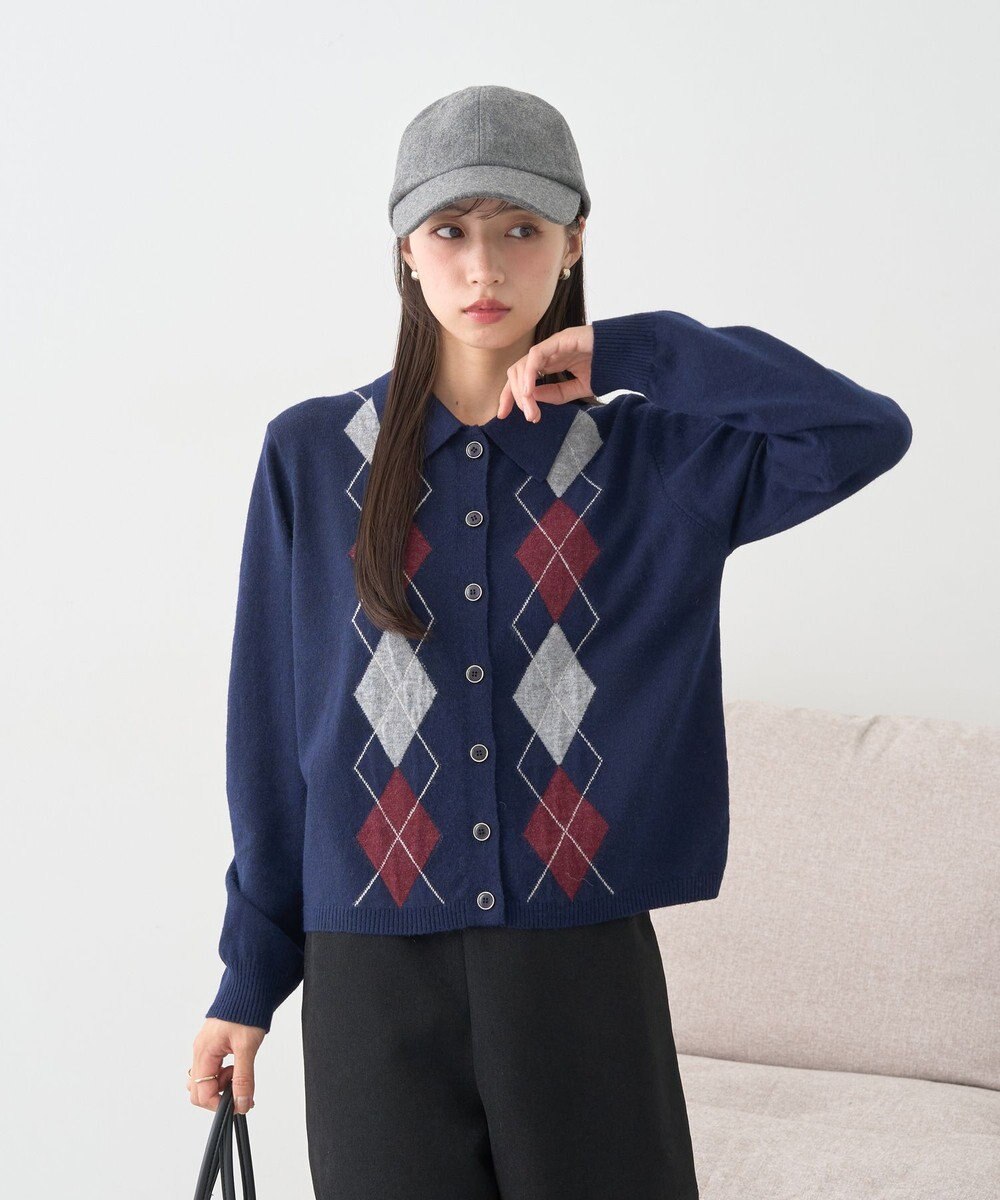 earth music&ecology 【予約】襟付きアーガイルニットカーディガン 