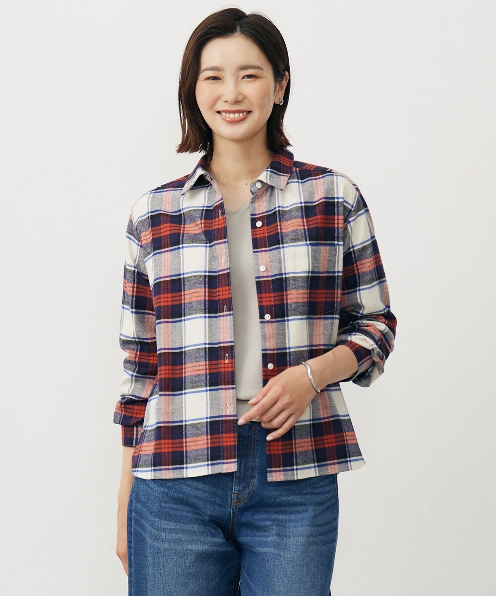 J.PRESS LADIES コットン起毛タータンチェック ショート丈 シャツ ブラウス 