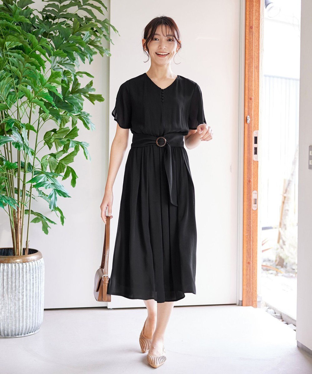 Tiaclasse 【洗える】花びらスリーブベルト付きワンピース 