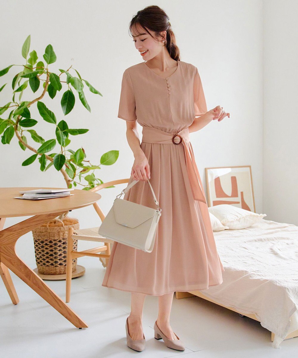 Tiaclasse 【洗える】花びらスリーブベルト付きワンピース 