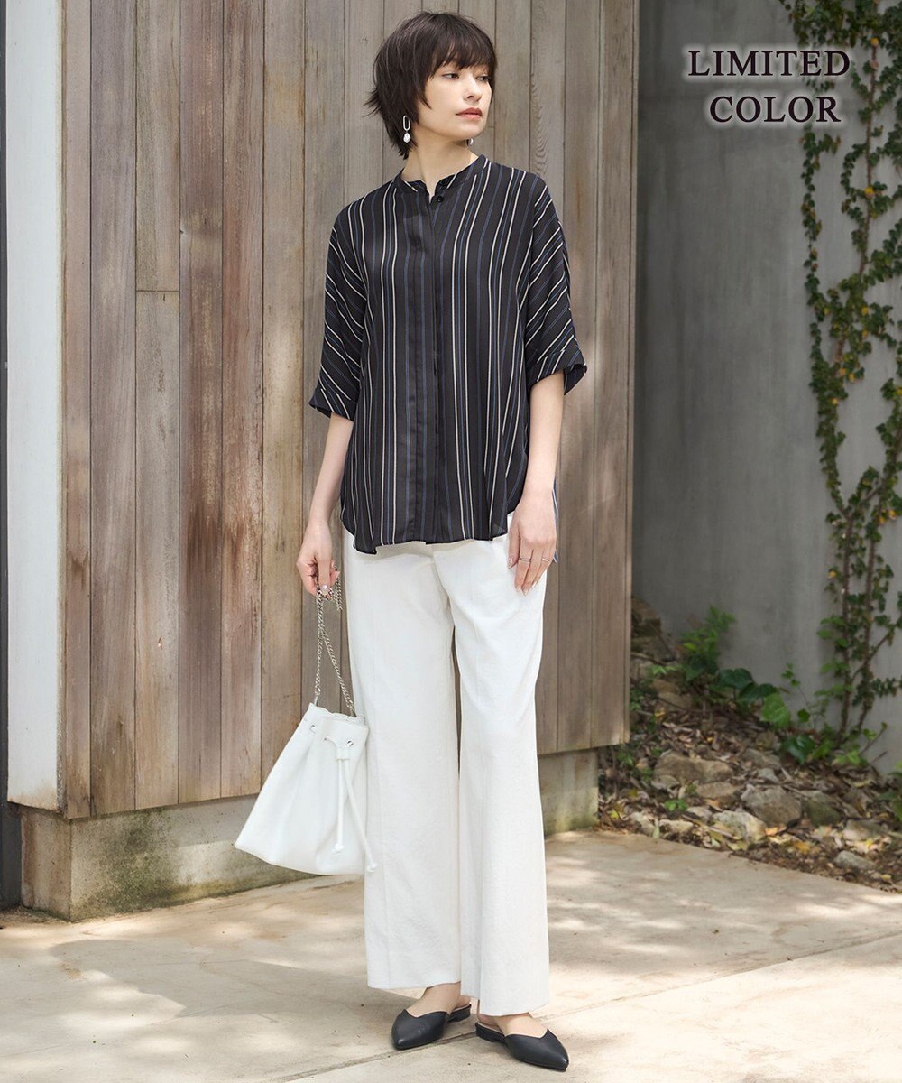 ICB L 【人気のため新色追加・接触冷感・UVケア・速乾・洗える】BackSatinAmunzen 5分袖バンドカラーブラウス 