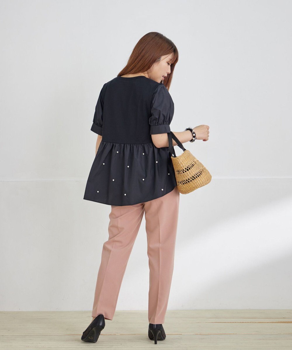 Tiaclasse L 【洗える】パール付きカットソードッキングブラウス 