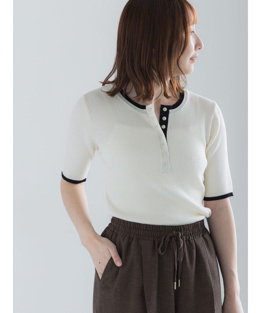 Te chichi 【UVカット】ヘンリーネック5分袖配色リブニット 