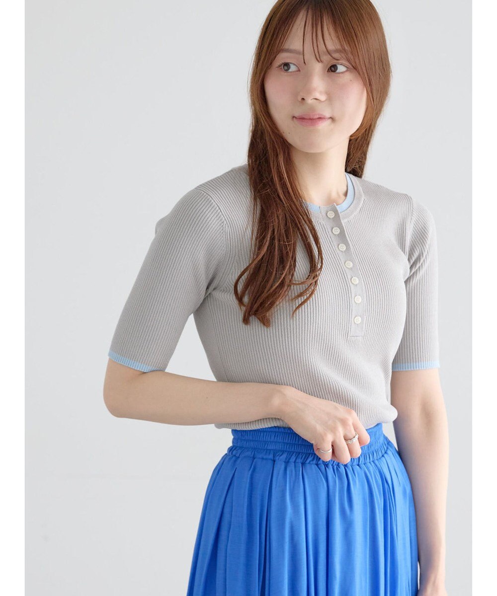 Te chichi 【UVカット】ヘンリーネック5分袖配色リブニット 