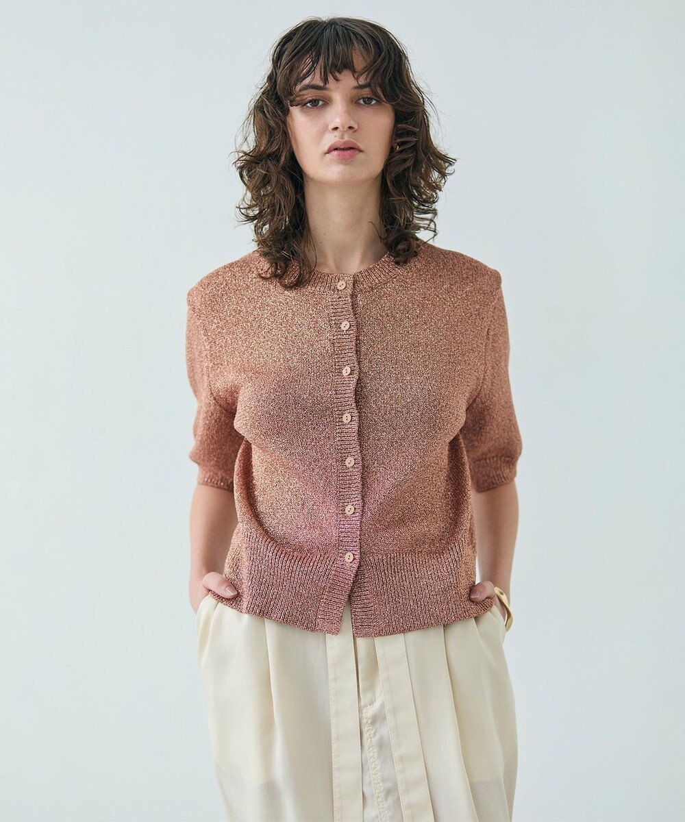 BEIGE， 【洗える】VANDA / ラメ入りクルーネック半袖カーディガン 