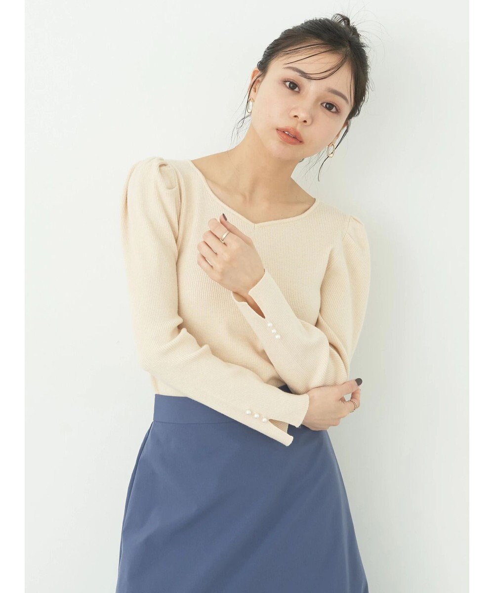 earth music&ecology ハートネック袖パールニットプルオーバー 