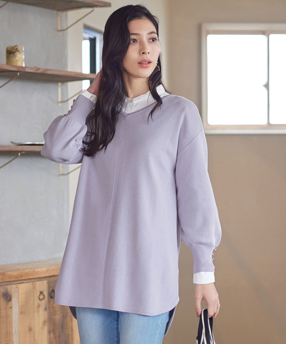 Tiaclasse 【洗える】Vネックラウンドヘムニットチュニック 