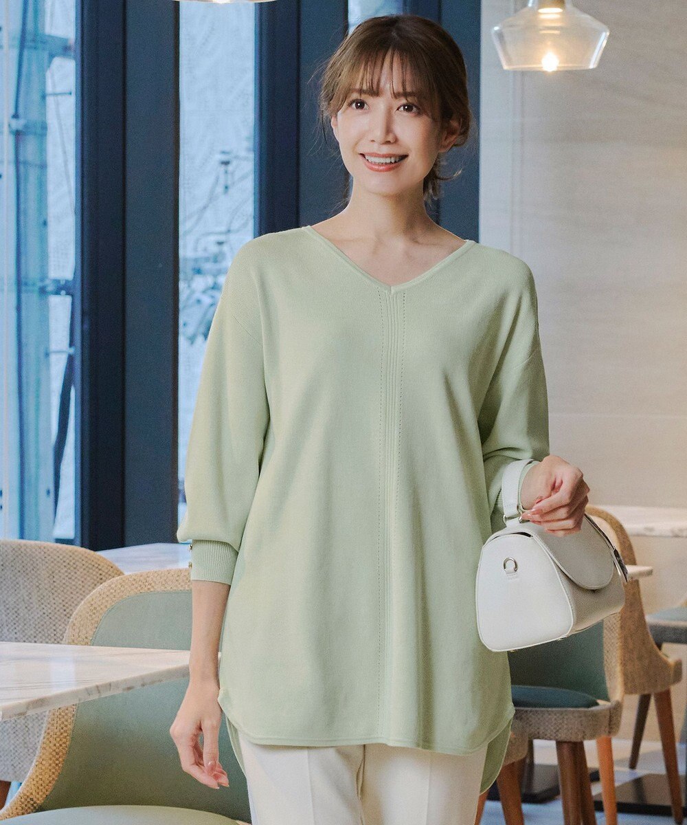 Tiaclasse 【洗える】Vネックラウンドヘムニットチュニック 