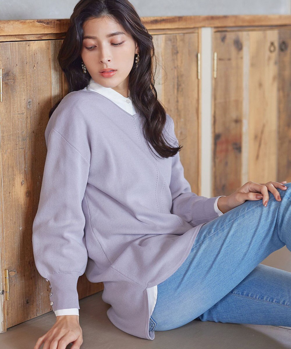 Tiaclasse 【洗える】Vネックラウンドヘムニットチュニック 