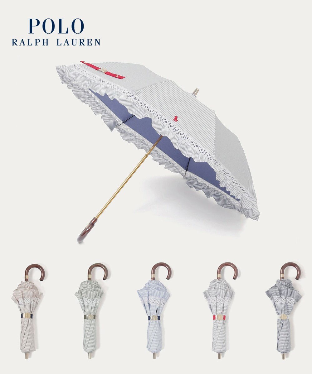 MOONBAT 【遮光/晴雨兼用日傘】POLO RALPH LAUREN(ポロ ラルフローレン) ストライプフリル 折りたたみ傘 楽折 遮熱 UV 