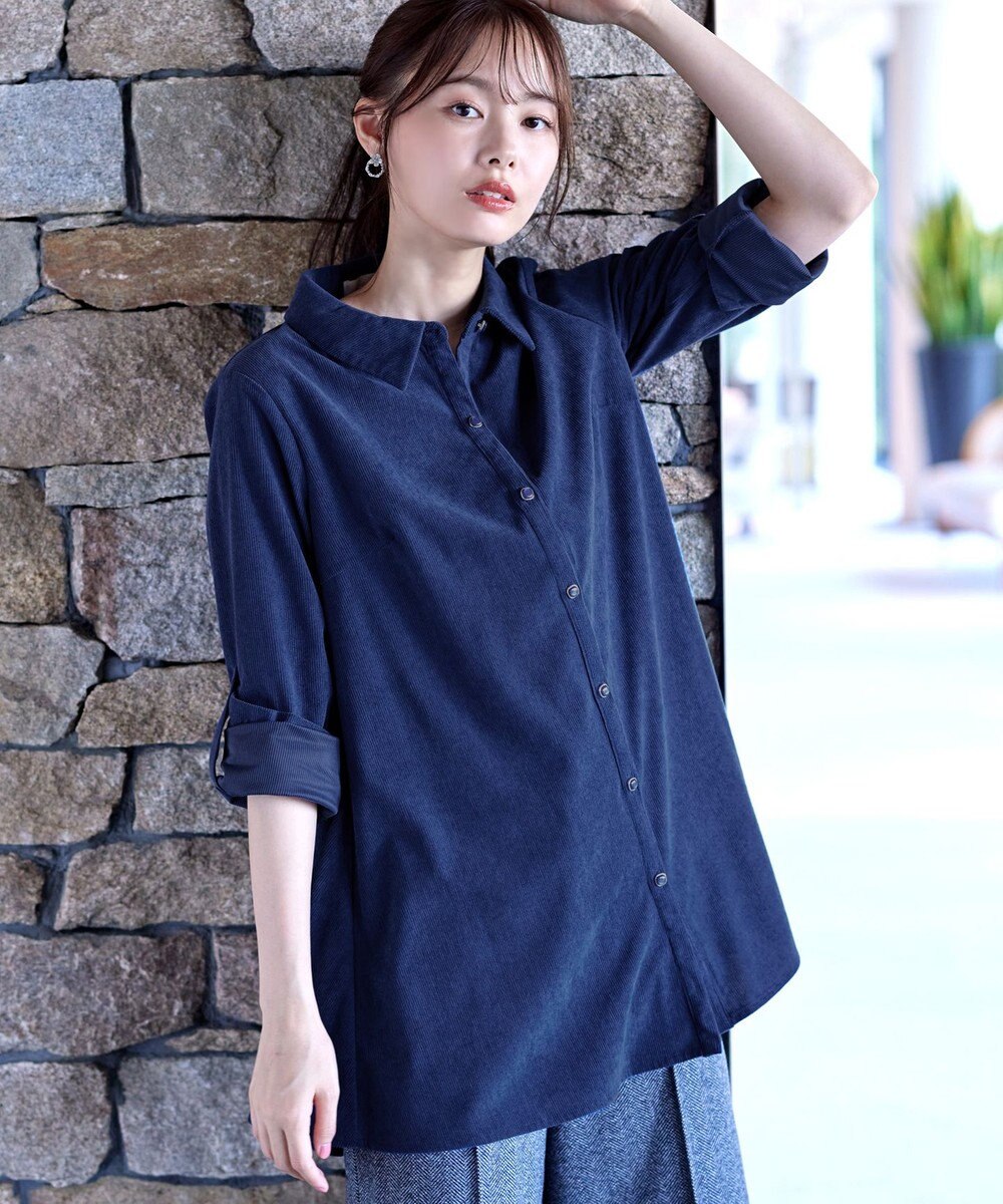 Tiaclasse L 【洗える】コーデュロイシャツチュニックブラウス 