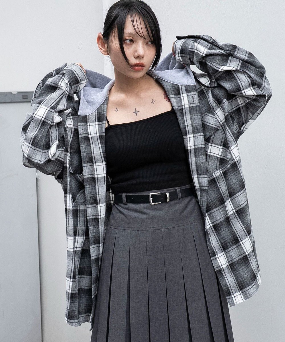 WEGO 【25年秋冬新作/ユニセックス着用ITEM/MLサイズ展開】オンブレチェックフードネルシャツ（LS） 