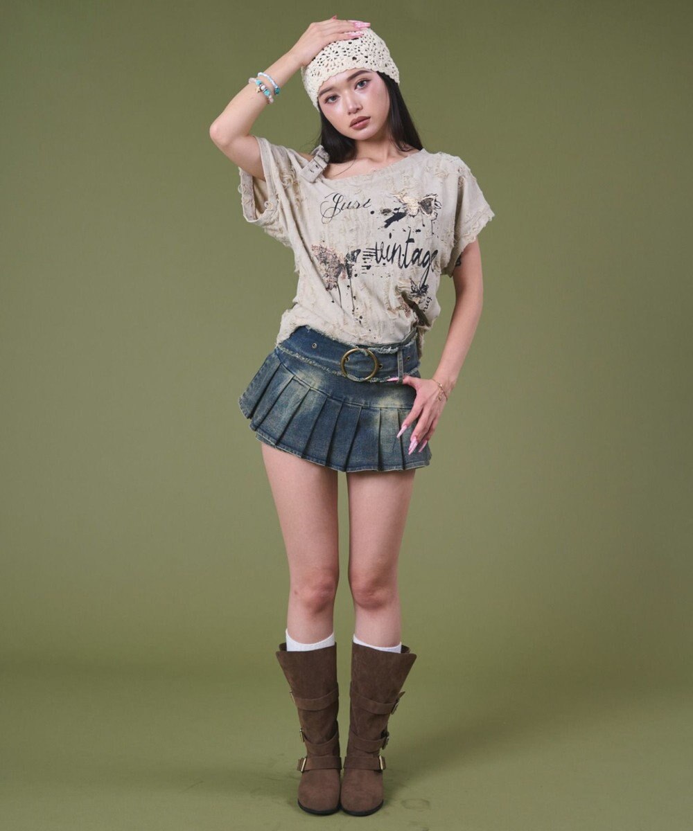 WEGO フリンジベルトプリーツデニムスカパン 