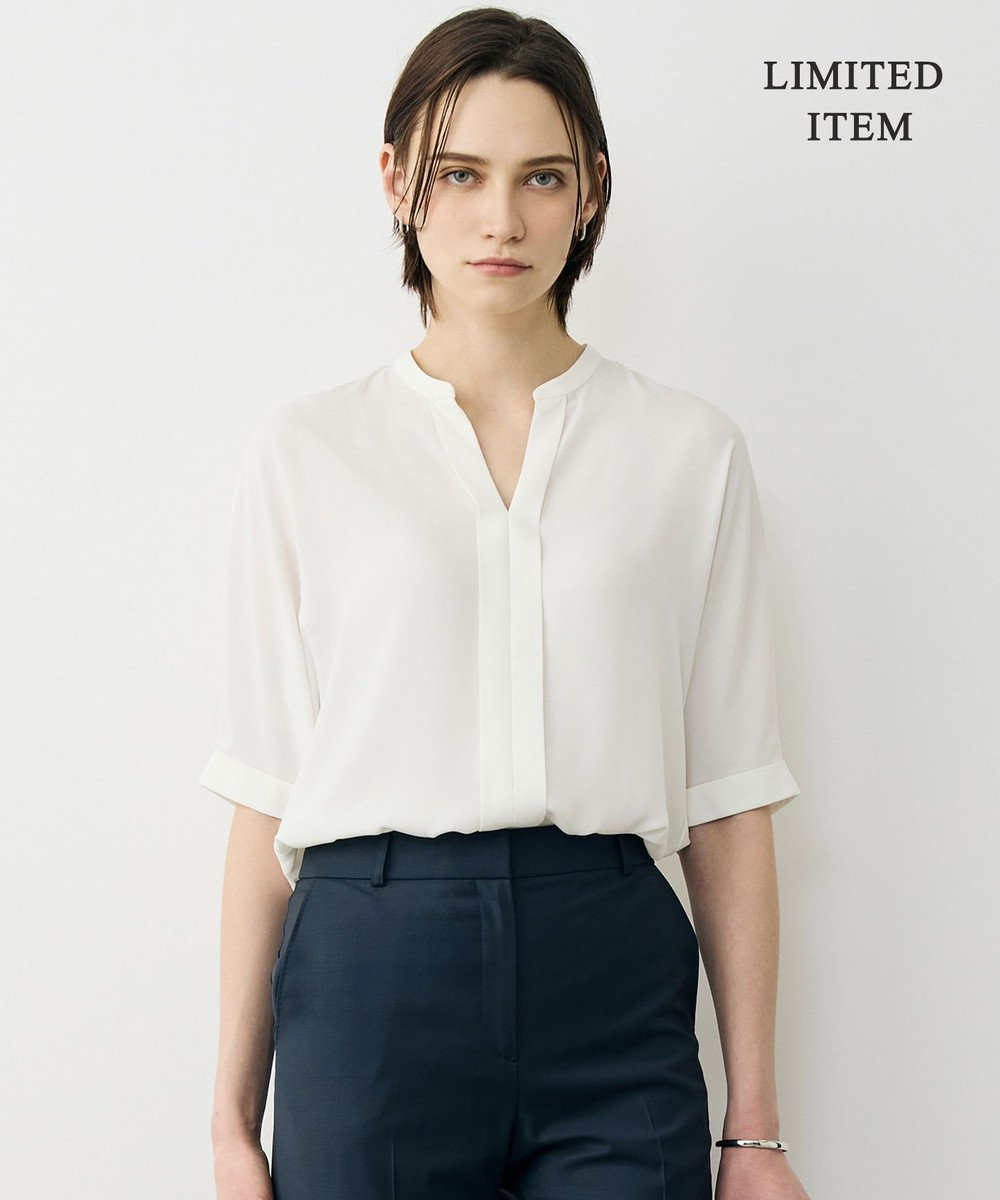 ICB L 【先行予約・WEB限定】BackSatinAmunzen 5分袖キーネックブラウス 