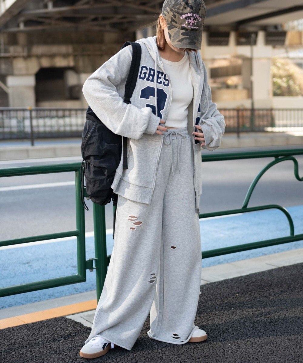 WEGO 【ウエストゴム】ダメージスウェットワイドパンツ 