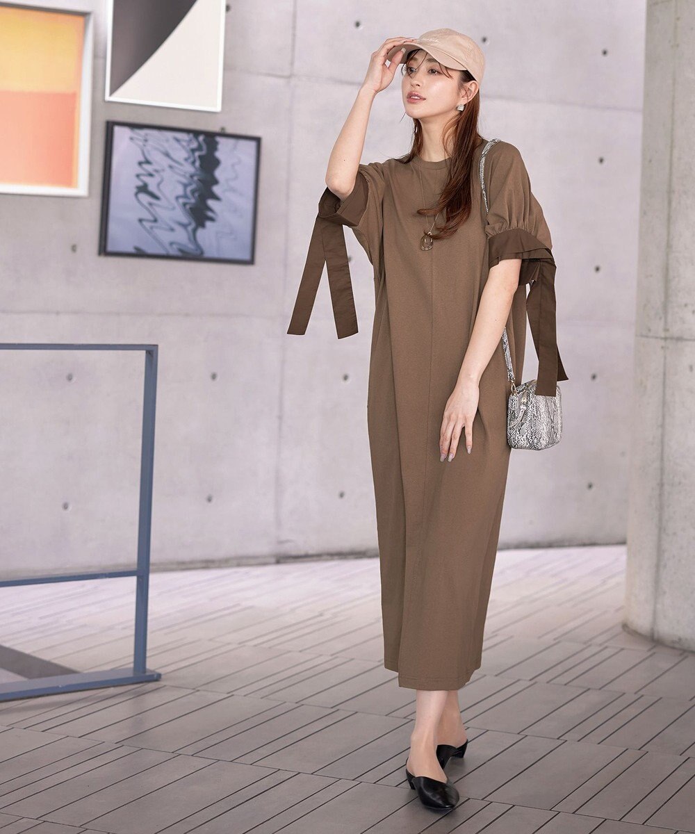 Tiaclasse 【洗える】デザインカフス付きマキシカットソーワンピース 