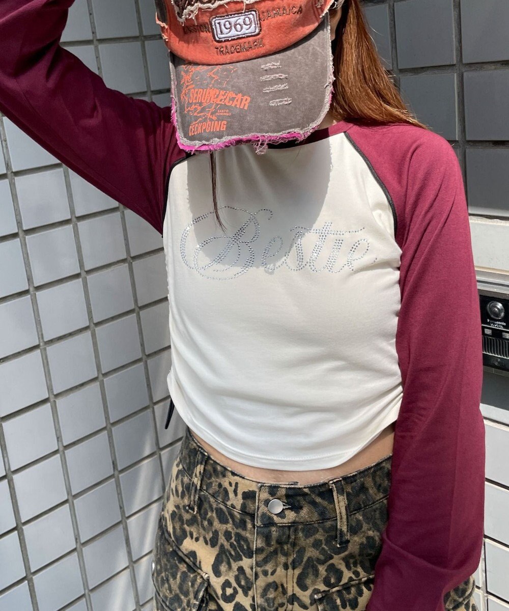 WEGO ラインストーンサイドドロストラグランロンT 