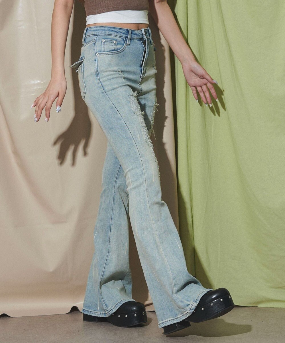 WEGO 【美脚】ダメージフレアデニム 