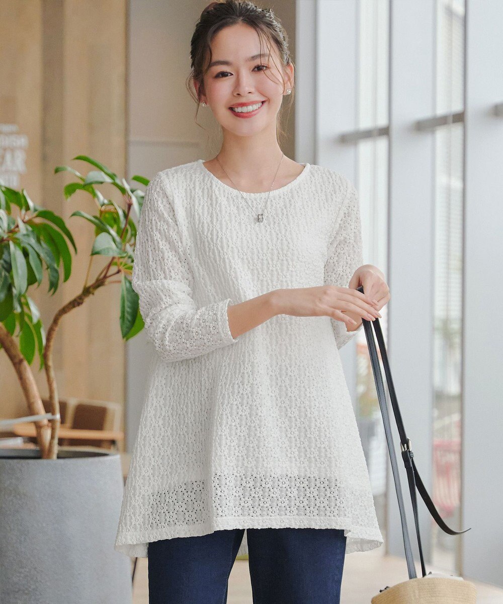 Tiaclasse 【洗える】花柄カットレースフレアトップス 