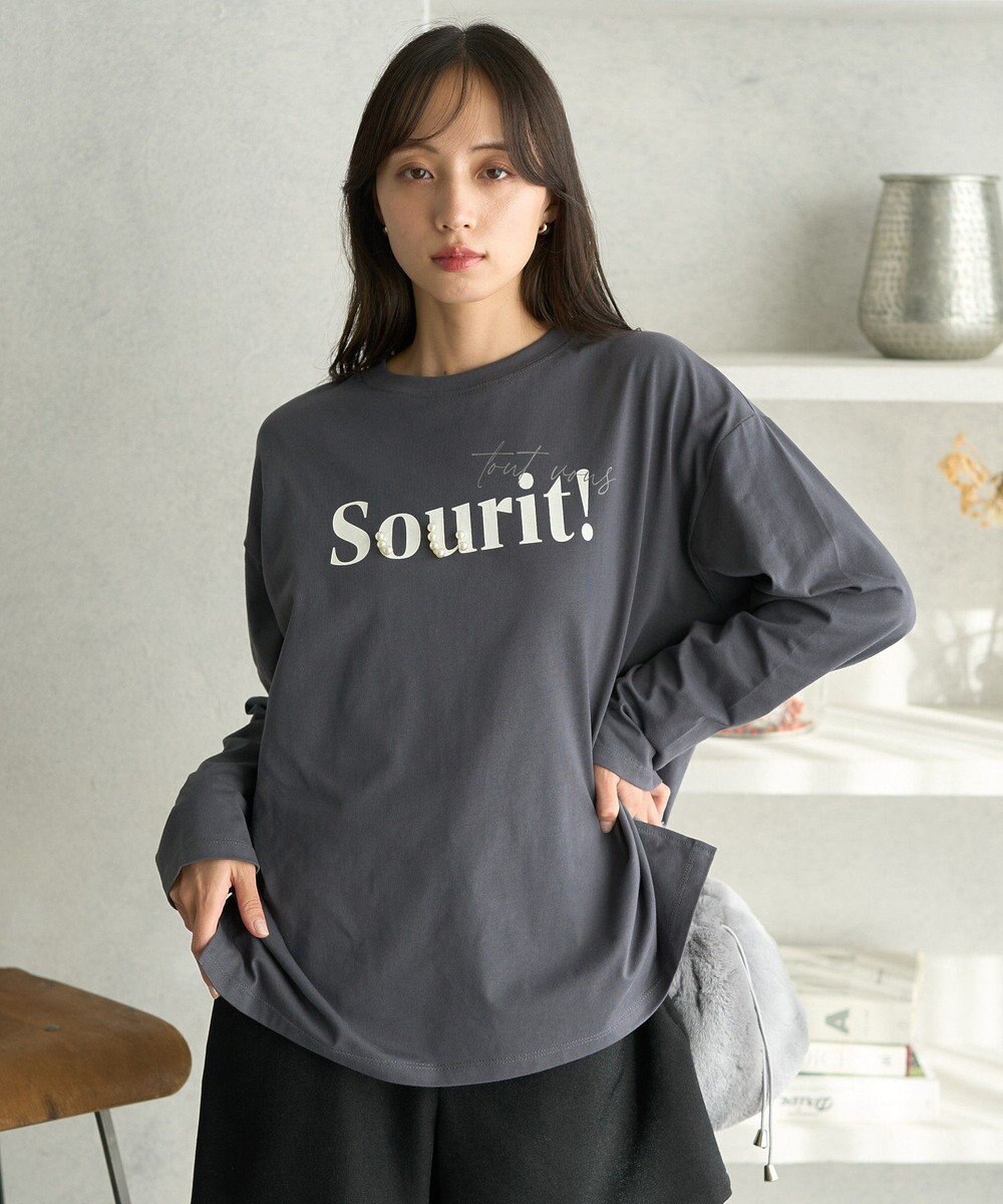 earth music&ecology パールデコグラフィックロンＴｅｅ Charcoal Gray