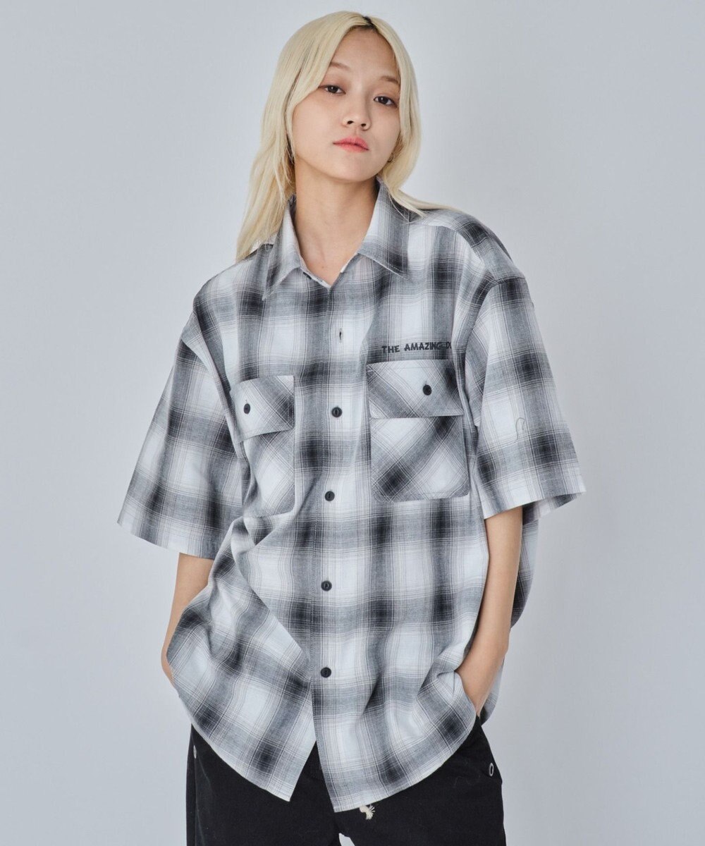 WEGO 【ユニセックス着用ITEM/MLサイズ展開】イラストオンブレチェックシャツ（SS） 