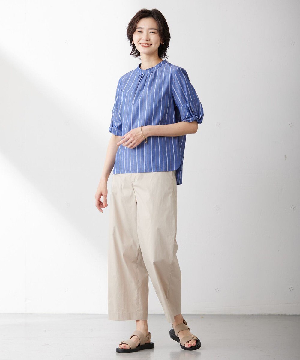 J.PRESS LADIES L 【洗える】 セルロース タイプライター ストライプ スタンドカラー ブラウス 