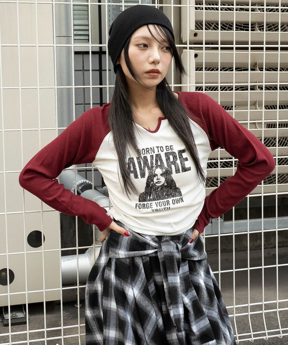 WEGO キーネックサイドドロストラグランロンT 