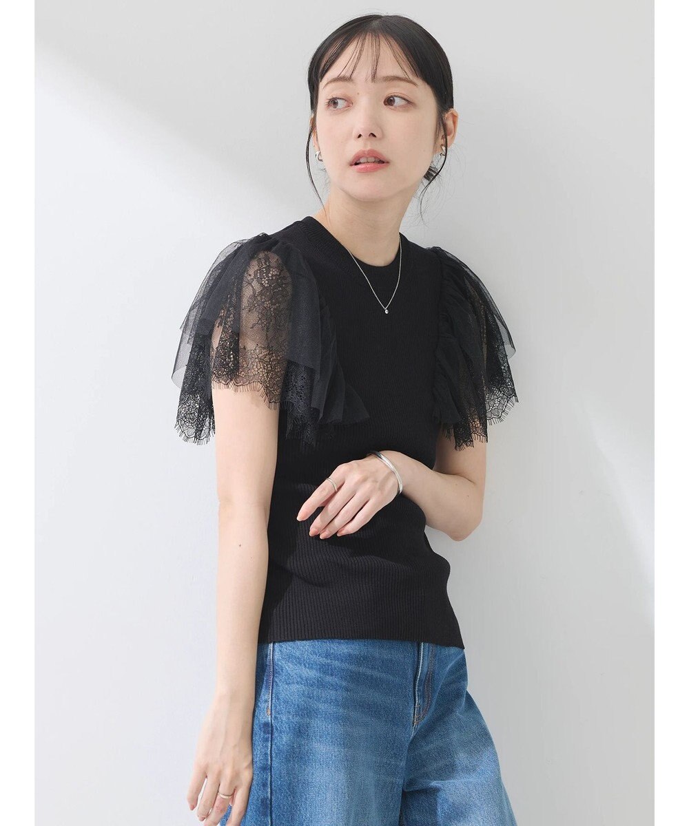 earth music&ecology 袖レースリブニットプルオーバー 