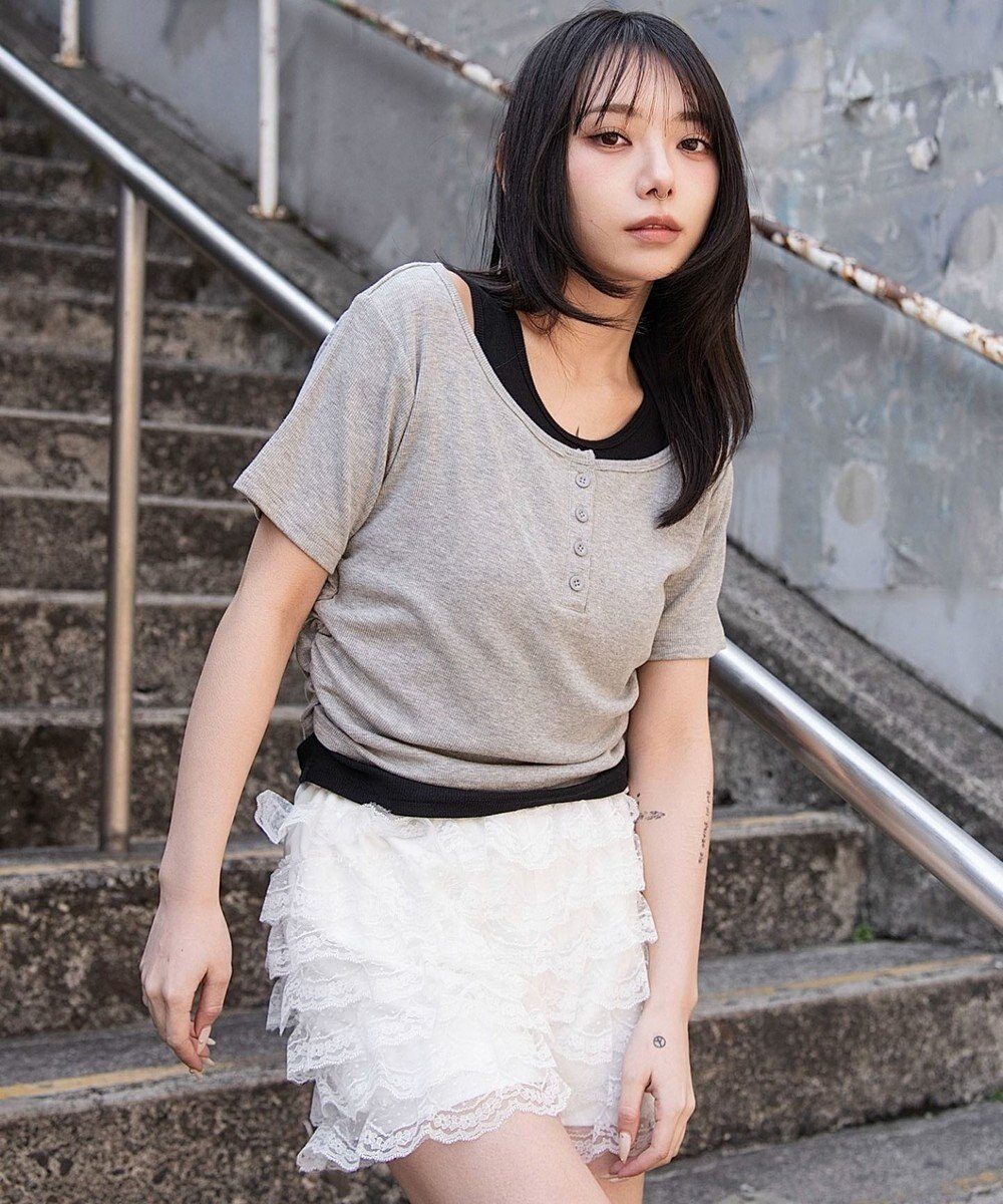 WEGO レイヤードキーネック半袖T 