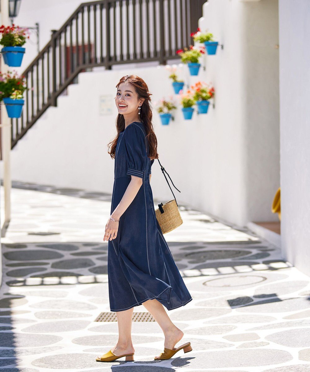 Tiaclasse 【洗える】パフスリーブ配色ステッチワンピース 